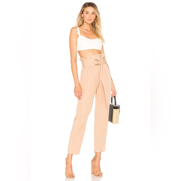 🆕 Tularosa x Revolve Greyson Trouser in Sand Small Belted Ruffled High Waisted - Picture 1 of 13